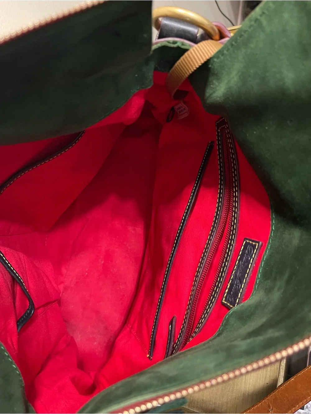 Dooney & Bourke Dark Brown Leather Hobo with Red Zip and Tan Strap